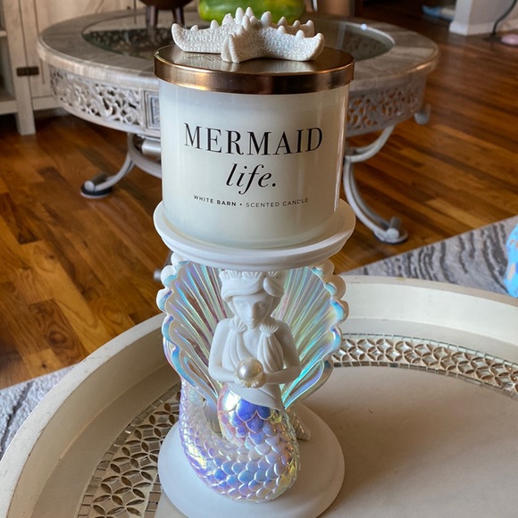 Bundle of Mermaid Ceramic Candle Holder White Barn 3 Wick Candle and Starfish